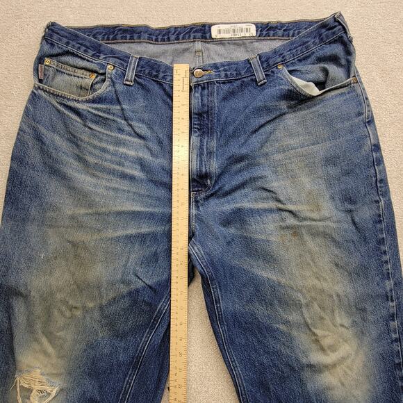 Vintage Distressed Carhartt Jeans Men’s 44x34 Relaxed Denim Leather Patch - Picture 4 of 9